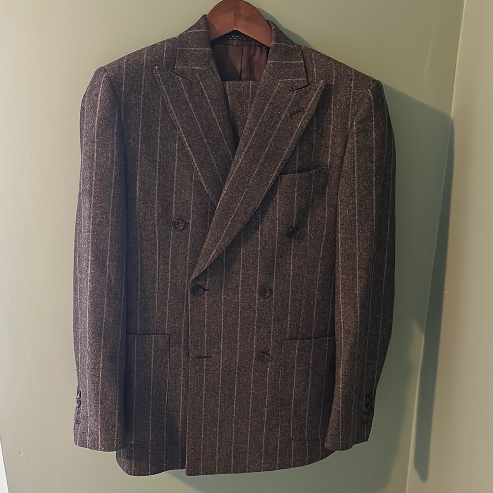 Custom Brown Pinstripe Double-Breasted Suit | Wool | Wide Peak Lapels | 38R Fit